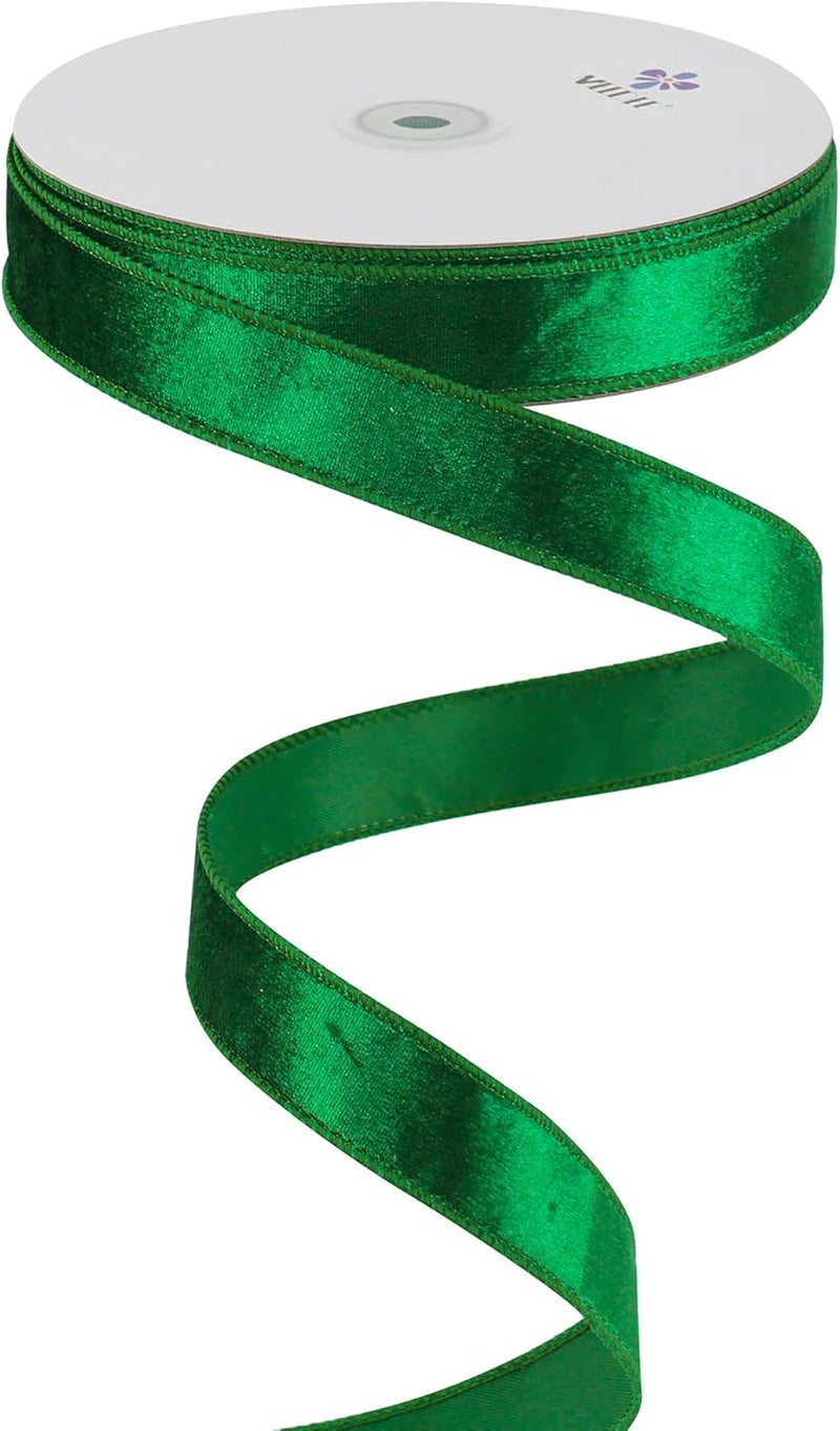 Meedee Emerald Green Velvet 1 Inch Green Wired Ribbon 25 Yards Crushed Christmas Velvet Ribbon for Christmas Tree, Wreaths Supplies, Topper Bows Making, Garlands, Swags - Image 1